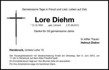 Traueranzeige von Lore Diehm von Hersbrucker Zeitung